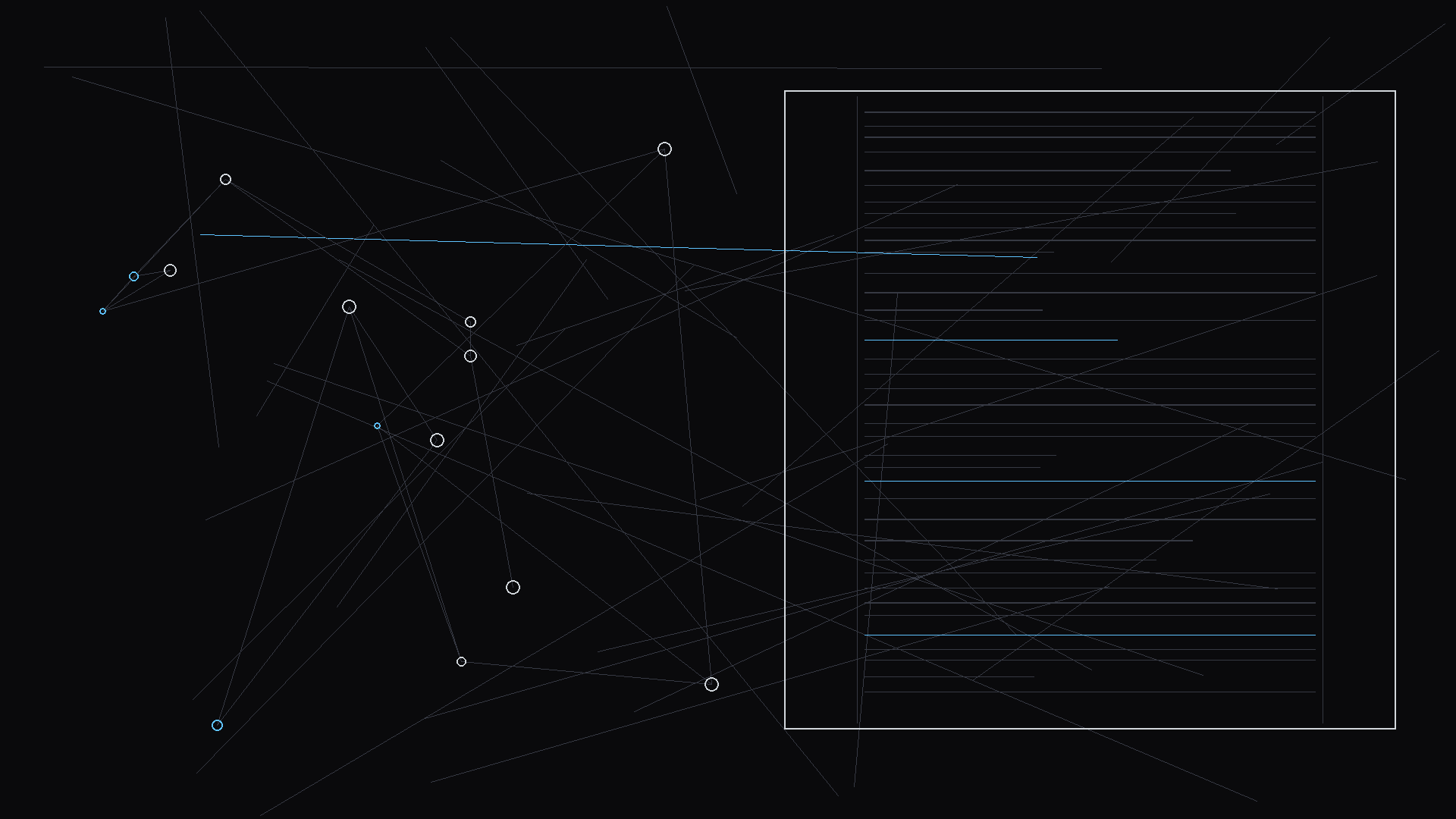 A script page showing reaction beats interleaved with overheard dialogue; dark mode technical sketch, thin white lines on black background