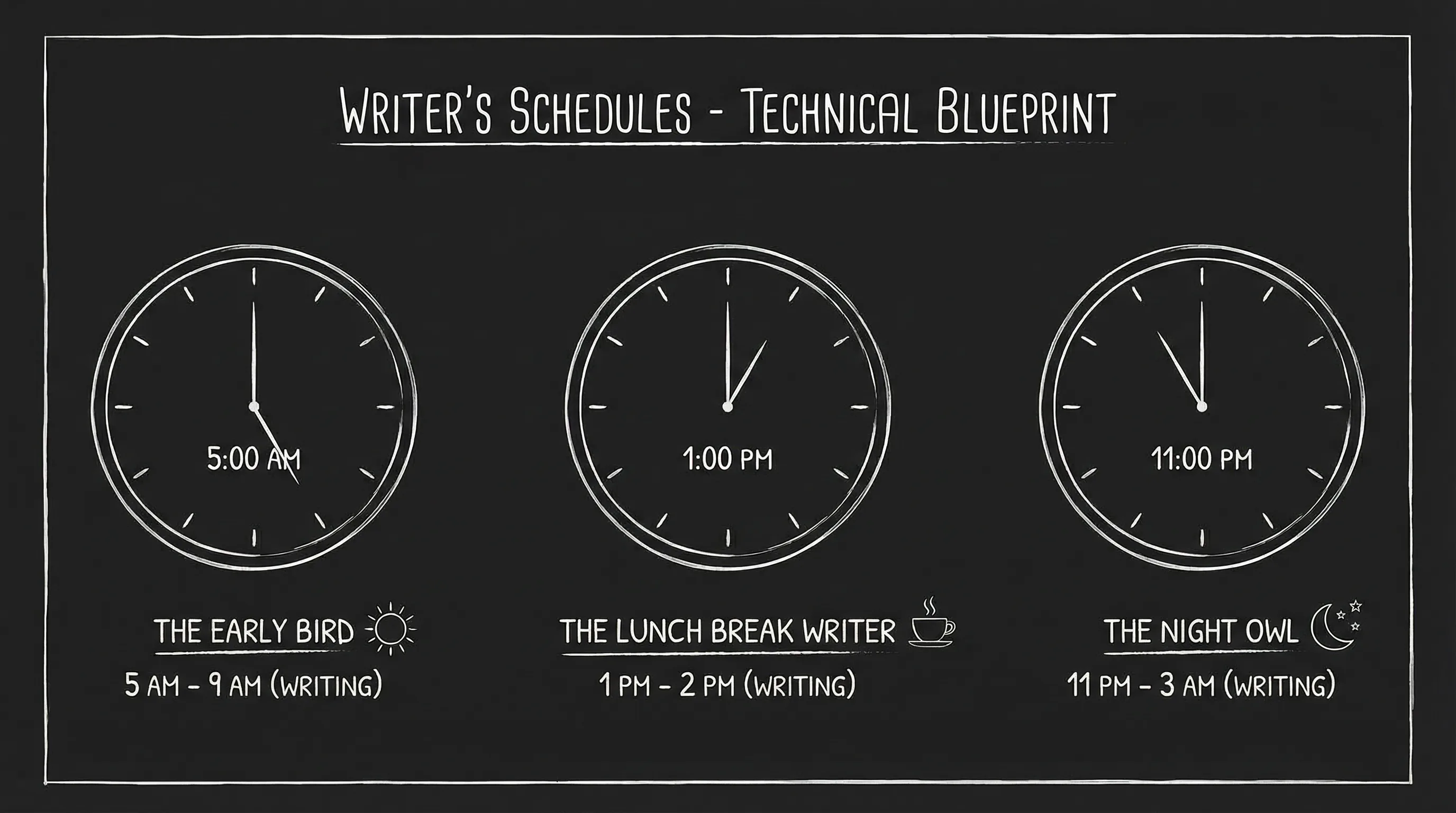 Three clocks showing different times - morning, noon, night