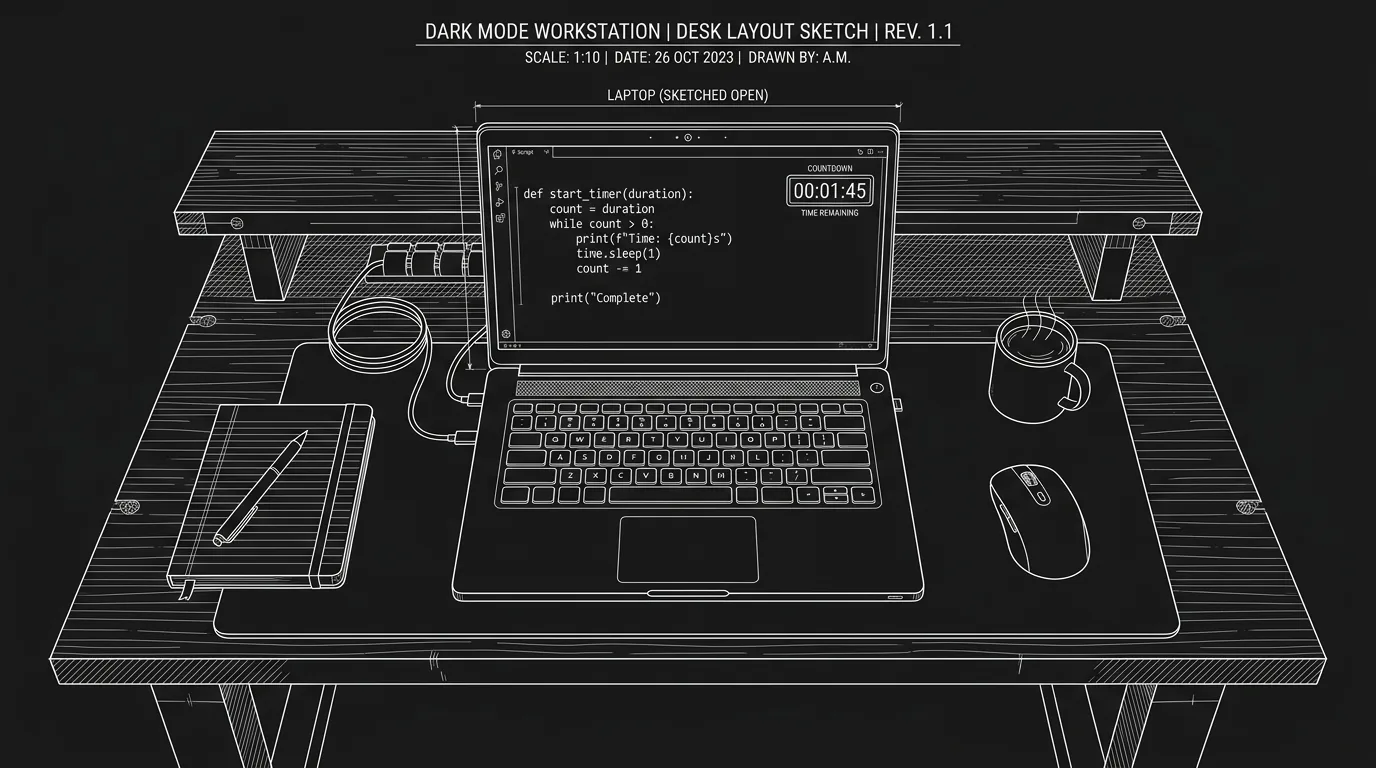 Dark mode technical sketch: script and timer or countdown on a laptop; thin white lines on black