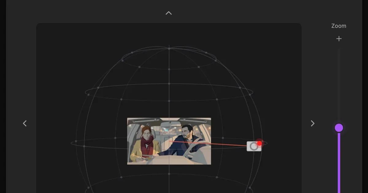 ScreenWeaver Edit image window on the Angle tab: a storyboard panel of two people in a parked car sits inside an orbit sphere, with a small camera moved to the side