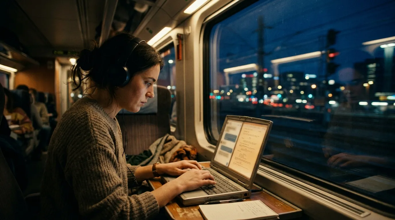 A young writer on a train at night types on a laptop showing a chat window and a formatted screenplay page side by side, reflections of city lights on the window, cinematic still