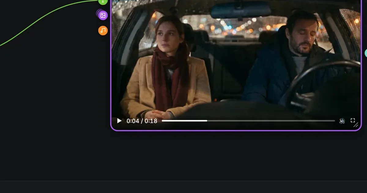 Onglet Production de ScreenWeaver : le nœud Scene video lit une scène de nuit sous la pluie dans une voiture, Émilie en manteau beige et écharpe bordeaux, Thomas au volant