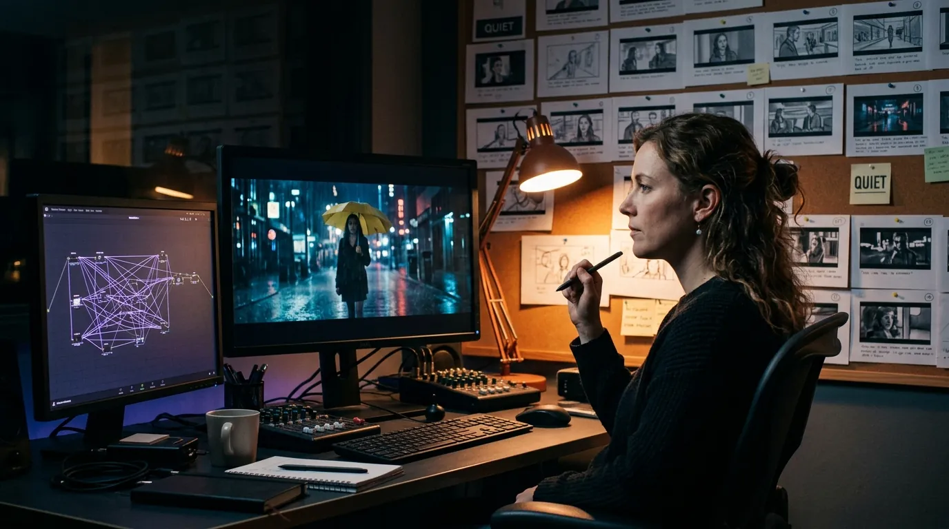 A filmmaker at a night editing desk compares a storyboard wall of pinned frames with a monitor playing a rain-soaked street shot, a second screen showing a node graph, cinematic still