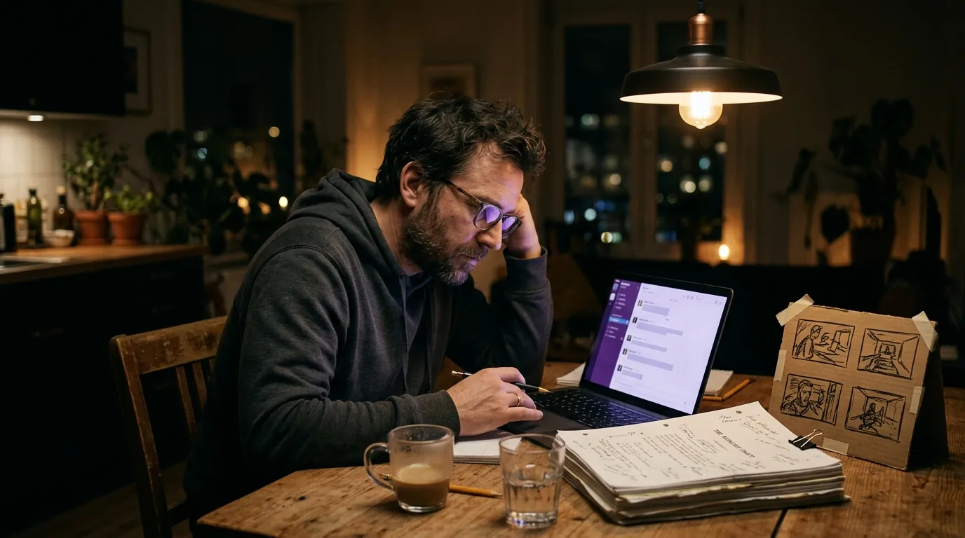 Ein Drehbuchautor nachts am Küchentisch, ein Laptop mit einem offenen Chat neben einem gedruckten Drehbuch voller Bleistiftnotizen und einem kleinen Storyboard aus Pappe, warmes Licht einer Hängelampe, filmisches Standbild