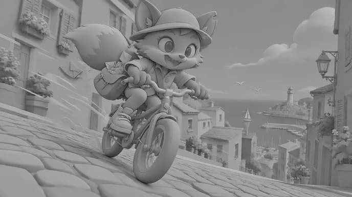 Grey storyboard frame from Mila's Delivery: the fox courier on a bicycle rushing down a cobbled street toward the harbour, envelopes flying from her satchel