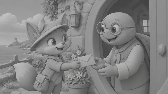 Grey storyboard frame of the last shot: Mila hands an envelope to an old turtle at a round door, a feather on her cap