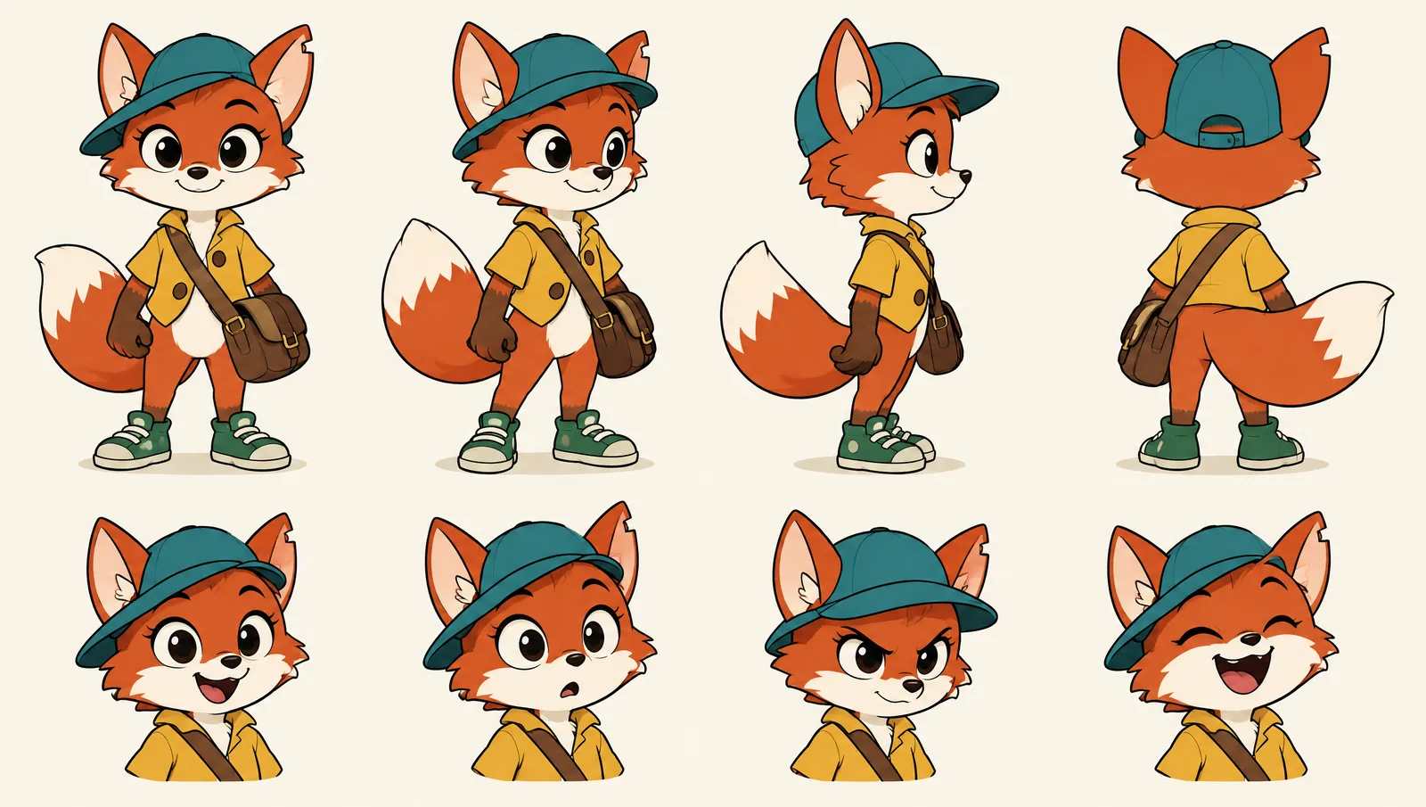 Model sheet of Mila the fox courier: front, three-quarter, side and back views, plus four expressions, with a teal cap, mustard jacket, brown satchel and green sneakers