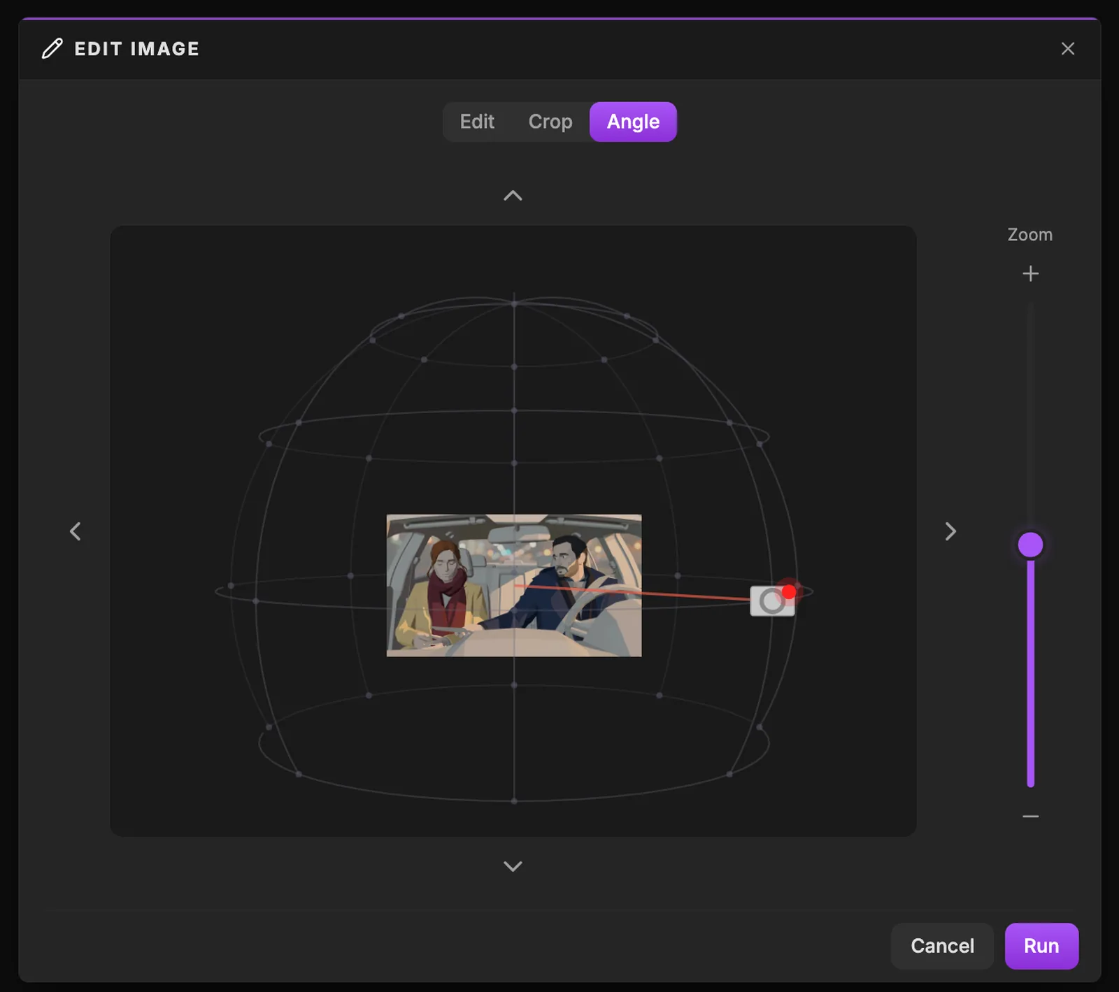 Move the camera around the subject, then press Run to get the new angle. The ScreenWeaver Edit image window on the Angle tab: an orbit sphere around the panel, a camera moved 45 degrees to the side at eye level, and a Zoom slider