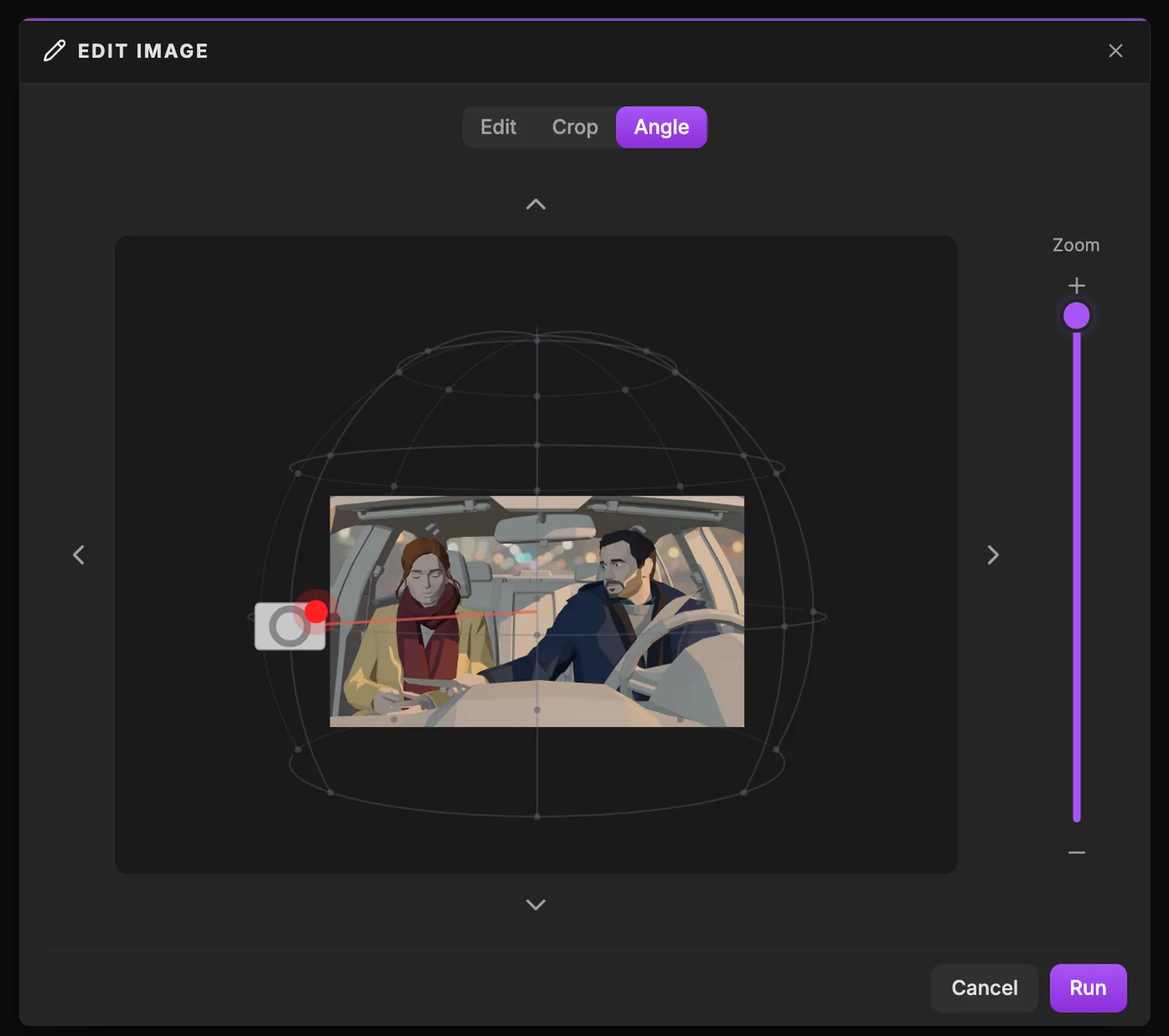 Angle tab: camera at 315 degrees, Zoom pushed up to close. ScreenWeaver Edit image window on the Angle tab with the silver camera moved to 315 degrees on the left side of the orbit sphere, at eye level, and the Zoom slider pushed to close