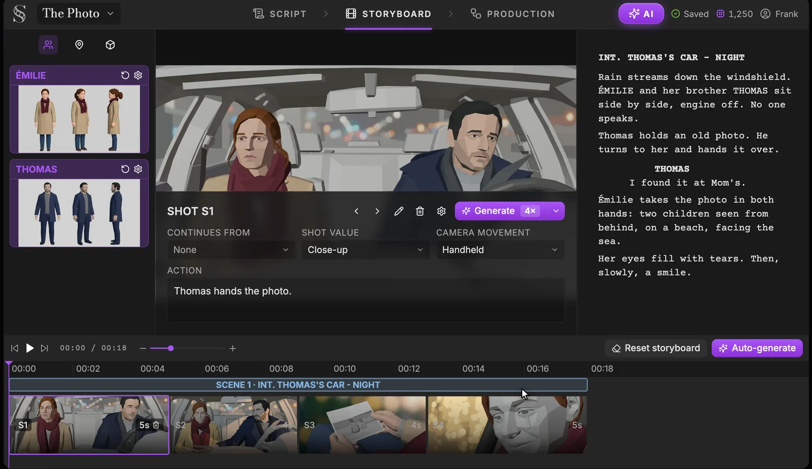 Play spielt das Board ab, das Drehbuch folgt Einstellung für Einstellung. Der Storyboard-Tab als Animatic: Einstellung S1 in der Mitte mit ihren Feldern, rechts das Drehbuch, unten die Panels S1 bis S4 unter dem Abspielkopf