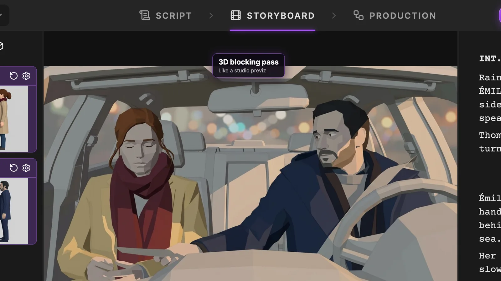 The panel locks framing, staging and light, not the final look. A ScreenWeaver storyboard panel at full size: Émilie and Thomas in the car, rendered as a flat-shaded 3D blocking pass, with their reference sheets in the left column