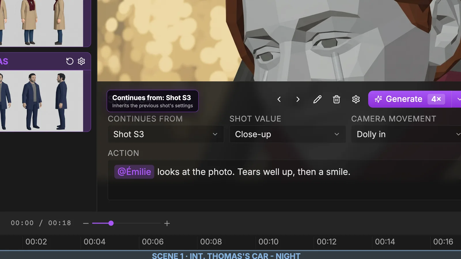 Continues from links a shot to the one before so it keeps continuity. Shot S4 with Continues from set to Shot S3, annotated Inherits the previous shot's settings, Shot value Close-up, Camera movement Dolly in, Action @Émilie looks at the photo, tears well up, then a smile