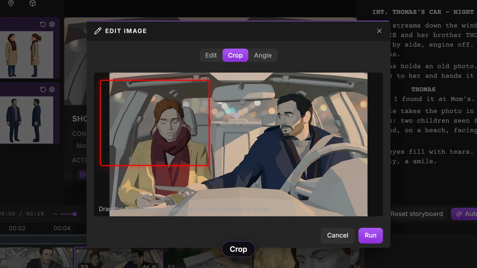 Crop tab: drag the frame to reposition it, resize it from the corner handle. ScreenWeaver Edit image window on the Crop tab: a red crop frame over Émilie on the left of the car panel, a hint to drag or resize the frame, Cancel and Run