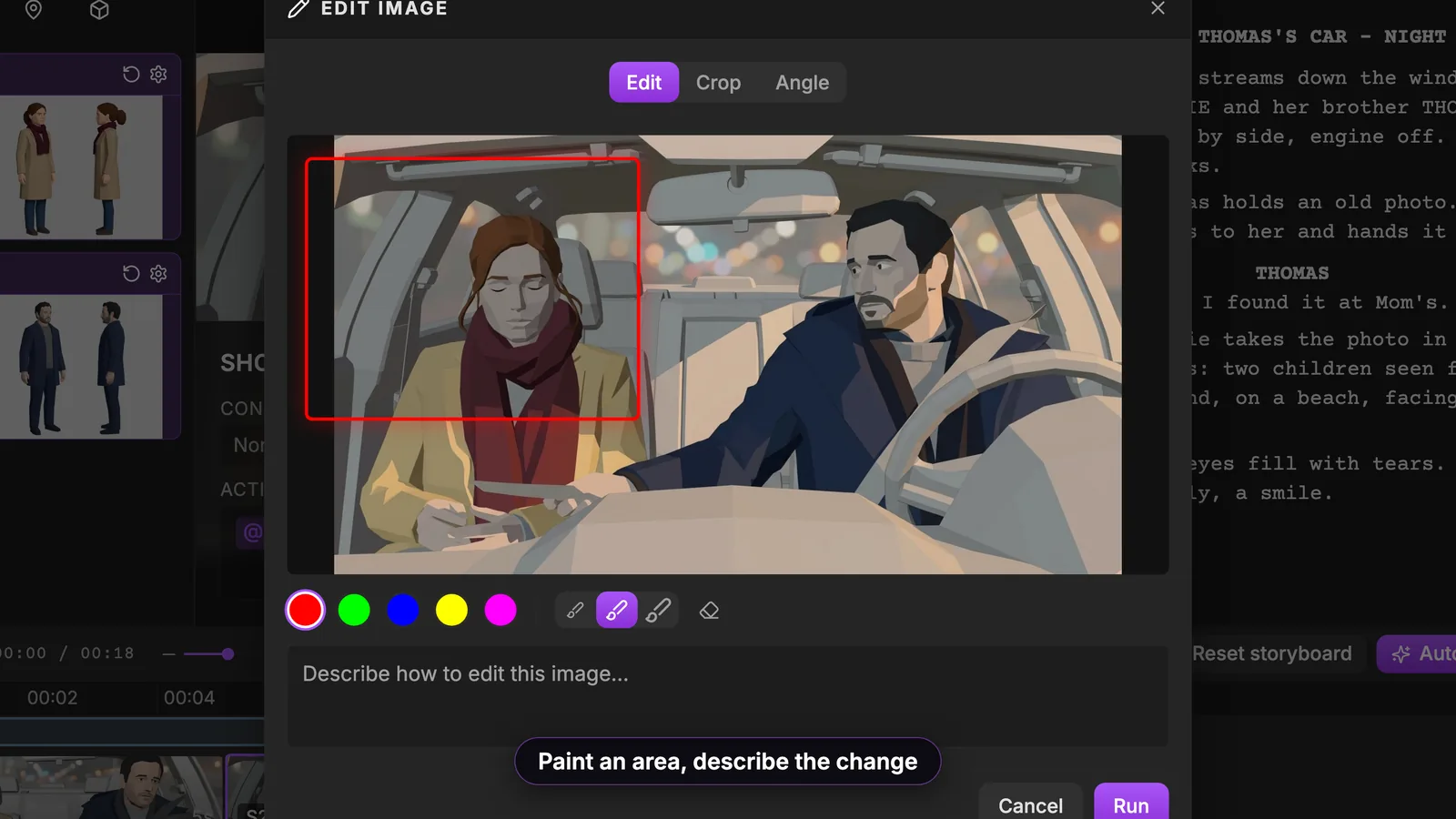Edit tab: paint the area to change, then describe the change in the field below. ScreenWeaver Edit image window on the Edit tab: a red box painted around Émilie in the car panel, five brush colors, three brush sizes, the prompt field and Cancel and Run buttons