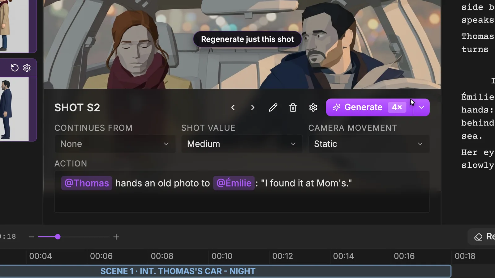 Change the Shot value or the Action, then regenerate just this shot. ScreenWeaver Shot S2 panel: Shot value Medium, Camera movement Static, an Action field with @Thomas and @Émilie mentions, and the annotation Regenerate just this shot near Generate 4x