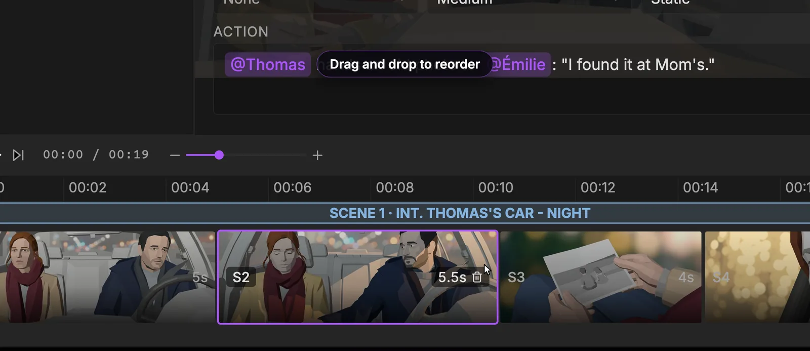 Drag a block to another place to change the order of the shots. The sequencer with block S2 being dragged, annotated Drag and drop to reorder, between S1 and the S3 insert on the photo