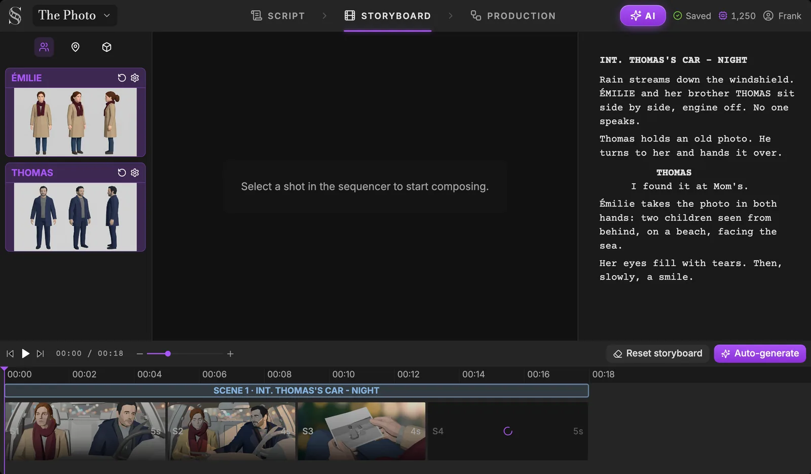 Each sheet is generated once, then used by every panel of the storyboard. Storyboard tab with Émilie's and Thomas's reference sheets in the left column, the synced script on the right, and the sequencer filling with panels S1 to S3
