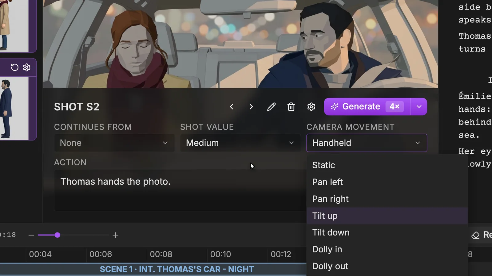 Shot S2 of the demo project: the panel on top, its Shot value, Camera movement and Action below. ScreenWeaver Storyboard tab, Shot S2 selected: the previz panel of Émilie and Thomas in the car, with Continues from set to None, Shot value Medium, the Camera movement dropdown open and the Generate 4x button