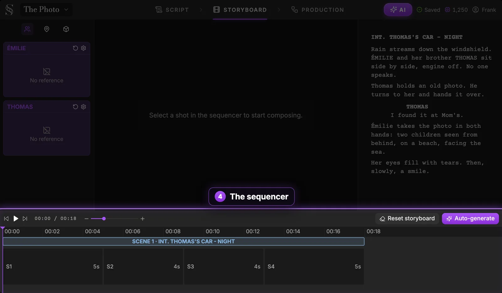 Area 4, at the bottom: the sequencer, scene by scene and shot by shot. The same Storyboard tab with the bottom sequencer highlighted: play controls, a time ruler, the SCENE 1 bar and four empty shot blocks S1 to S4 lasting 5s, 4s, 4s and 5s
