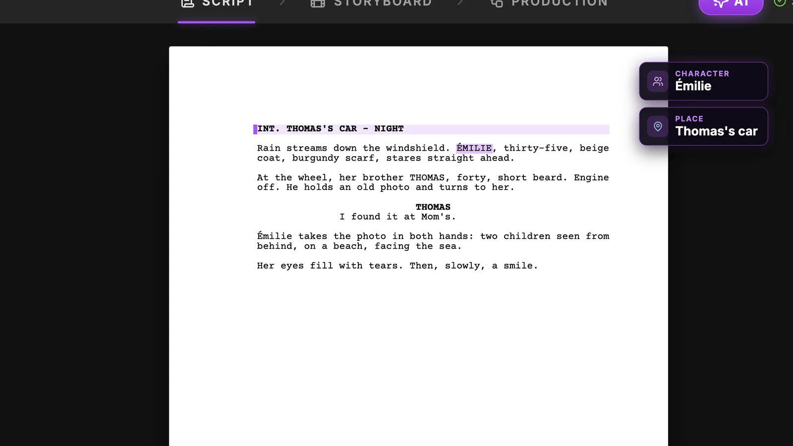 The elements you just created show up next to the script, each with its type: here a character and a place. Script page of The Photo with two chips on the right: CHARACTER Émilie and PLACE Thomas's car, created from the script text