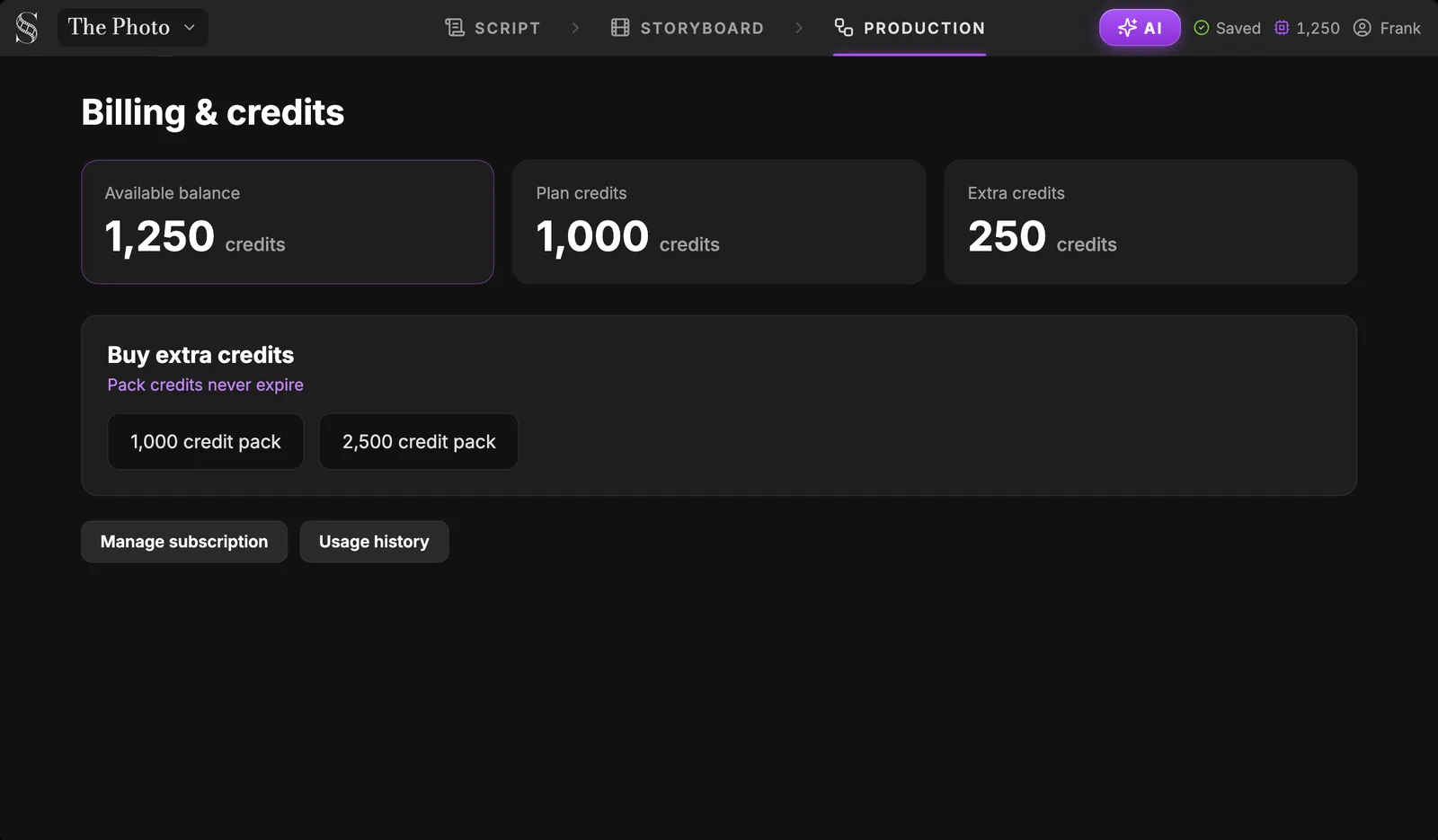 Plan credits and extra credits add up to your available balance. The ScreenWeaver Billing & credits page: available balance, plan credits and extra credits, a Buy extra credits section with packs that never expire, and Manage subscription and Usage history buttons