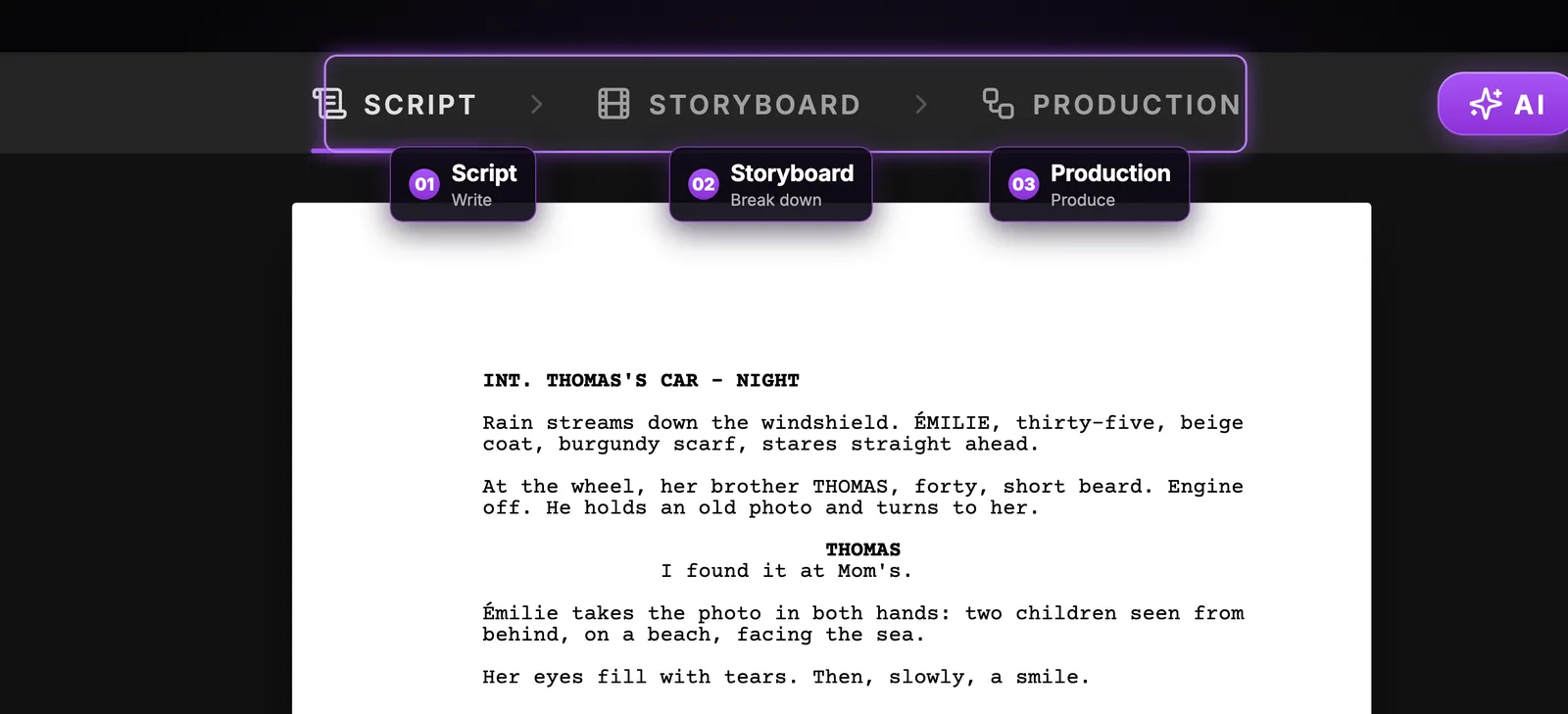 The three tabs follow the order of a production: write, break down, produce. The ScreenWeaver header with three numbered tabs, Script (Write), Storyboard (Break down) and Production (Produce), the purple AI button on the right, and the screenplay of The Photo below