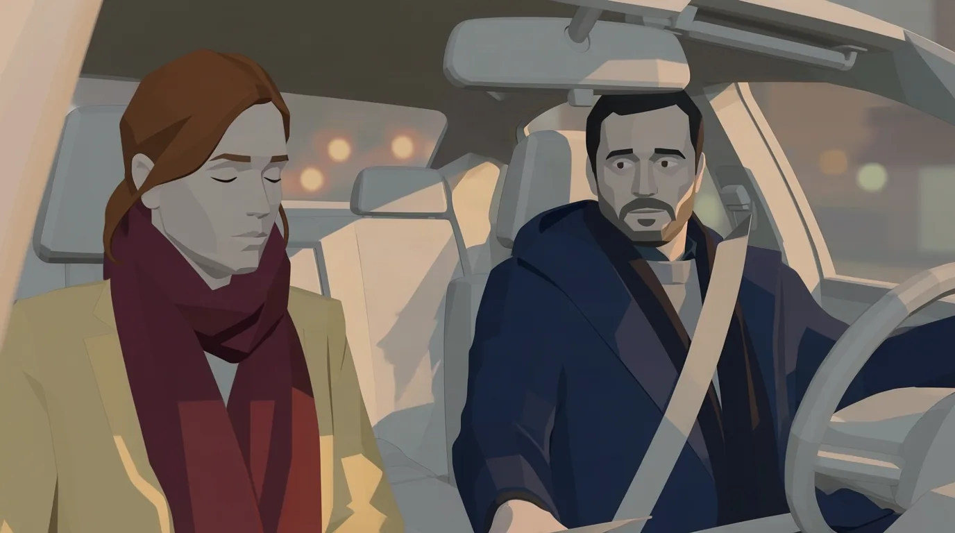 315 degrees, close: a tighter two-shot, with Émilie in the foreground. Shot S2 after Angle at 315 degrees, close: a tighter two-shot inside the car, Émilie in the left foreground with eyes closed and her burgundy scarf, Thomas behind the wheel turned toward her