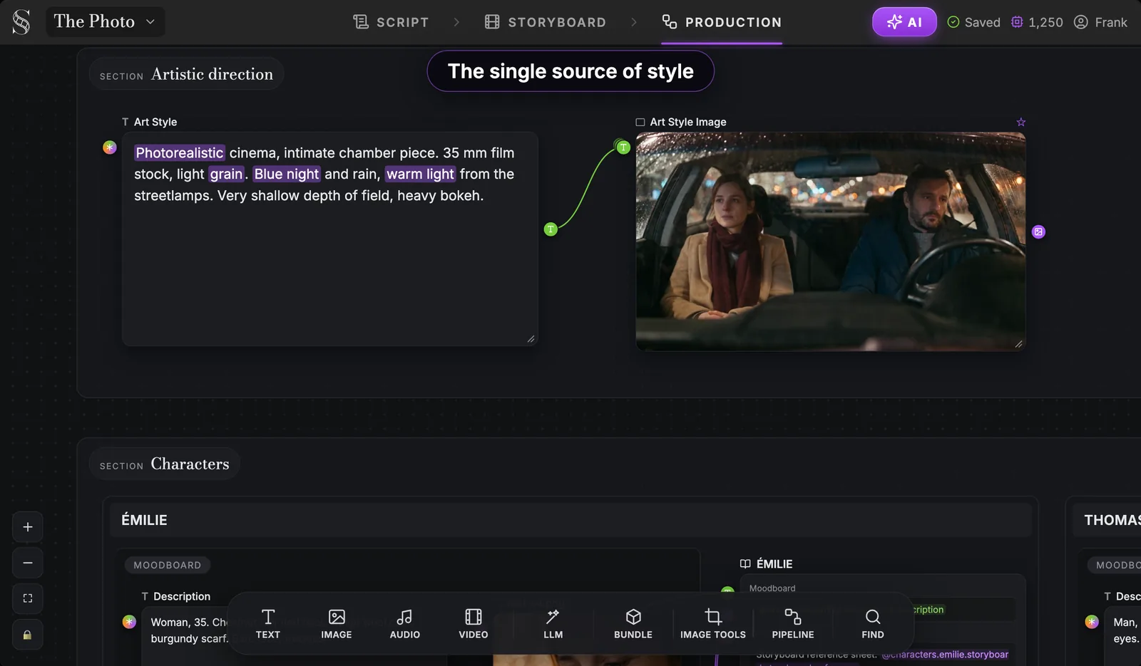 One text and one image: the single source of style for the whole film. Artistic direction in ScreenWeaver with key words highlighted in the Art Style text (Photorealistic, grain, Blue night, warm light), the Art Style Image beside it and the Characters section starting below