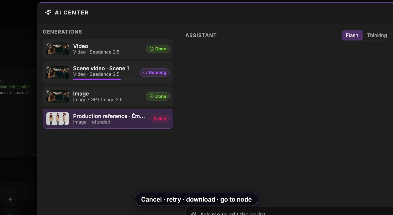Every generation in one place: cancel, retry, download or jump to its node. The ScreenWeaver AI Center: a Generations list with a video done, a scene 1 Scene video running, an image done and a Production reference failed and refunded
