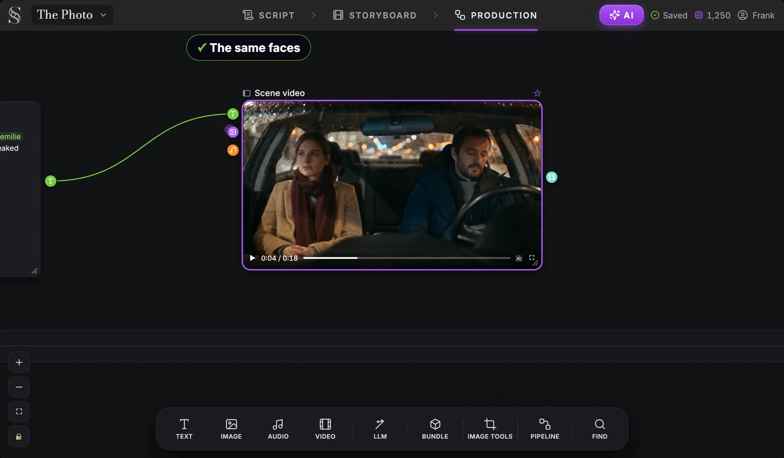 Four shots, one 18-second clip, the same two faces from start to end. The Scene video node in ScreenWeaver playing the generated scene, 18 seconds long: Émilie and Thomas in the car at night with rain on the windshield, the same faces as their sheets