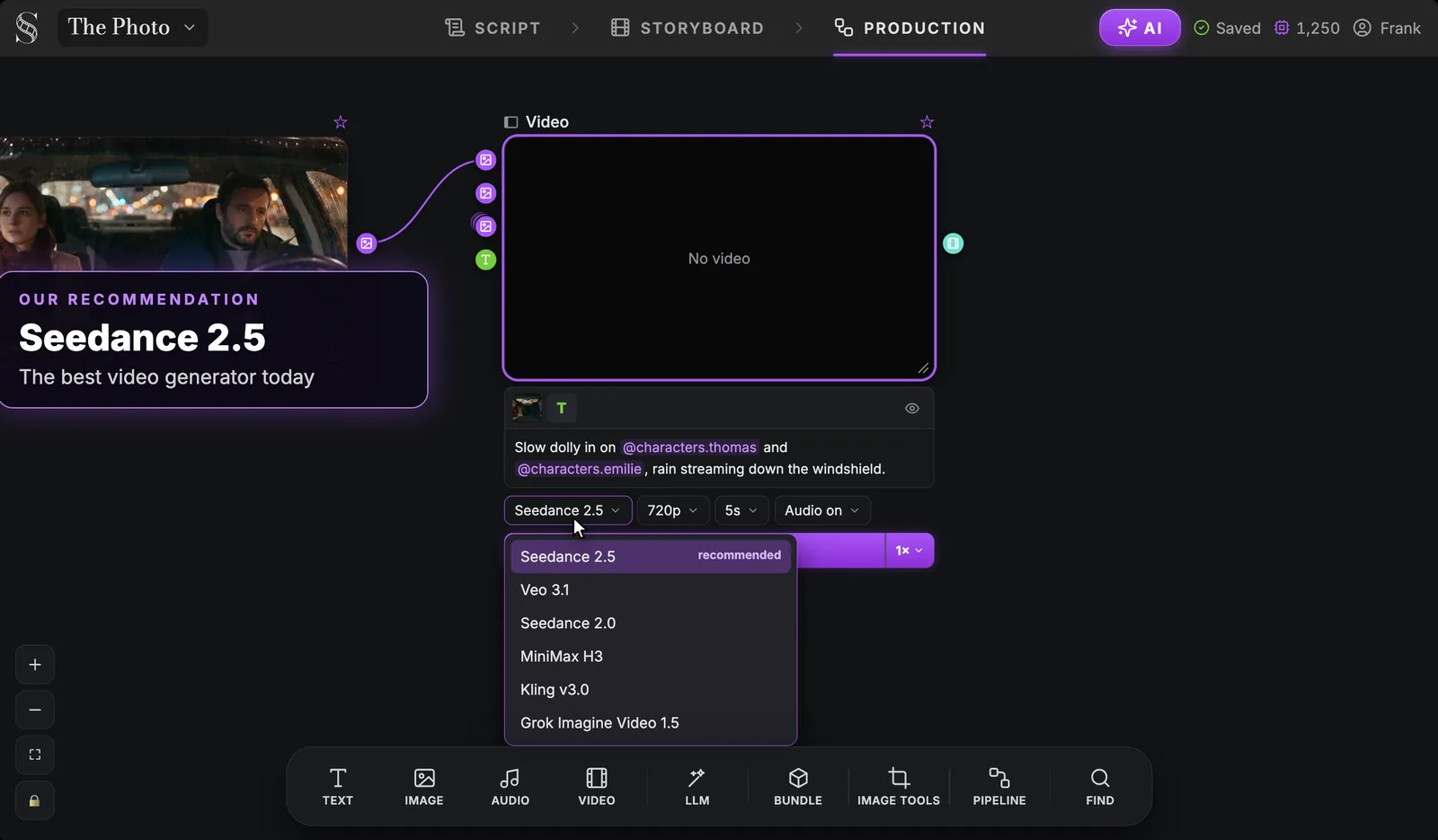 Seedance 2.5 is the default and our recommendation; five other video models sit in the same menu. The Video node with its model menu open: Seedance 2.5 marked recommended, then Veo 3.1, Seedance 2.0, MiniMax H3, Kling v3.0 and Grok Imagine Video 1.5