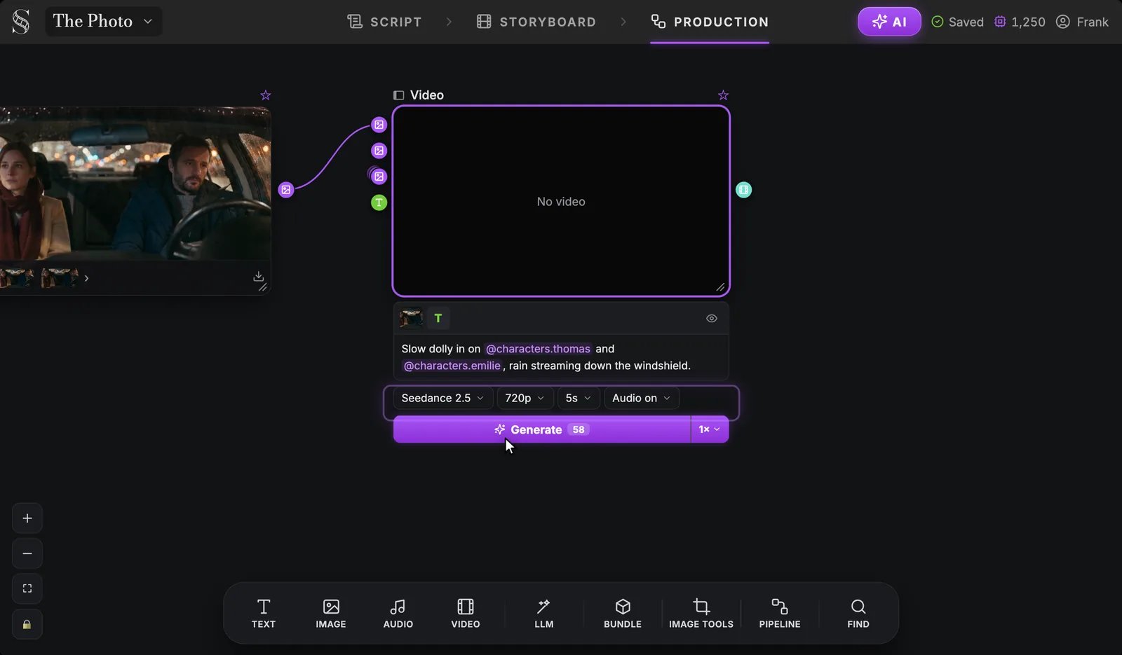 One row: model, resolution, duration and audio, then a single Generate button. The Video node settings row highlighted: Seedance 2.5, 720p, 5s, Audio on, above the Generate button, with the prompt "Slow dolly in on @characters.thomas and @characters.emilie, rain streaming down the windshield."
