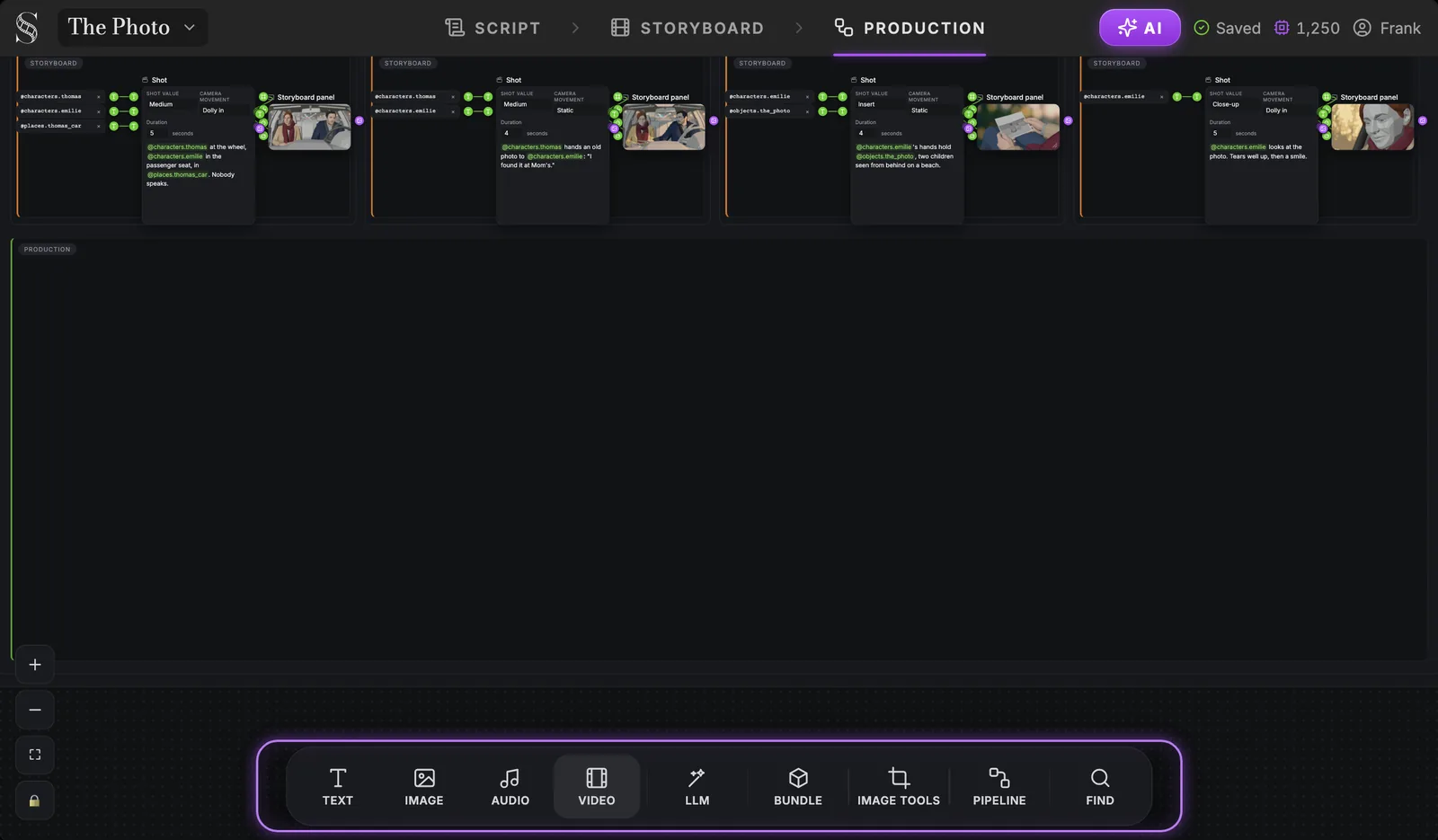 The canvas toolbar: the Image tools tile places image tool nodes such as Crop and Camera angle. ScreenWeaver Production tab with the four storyboard shot groups at the top, an empty Production group below and the canvas toolbar highlighted: Text, Image, Audio, Video, LLM, Bundle, Image tools, Pipeline, Find