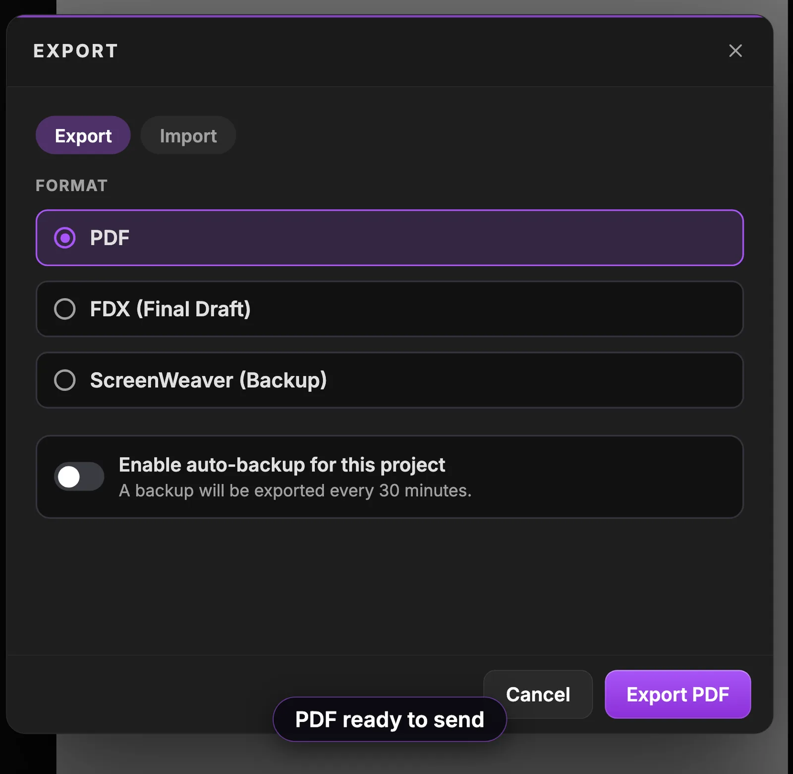 PDF selezionato: il file è pronto da inviare. Finestra di esportazione con le schede Export e Import, i formati PDF (selezionato), FDX (Final Draft) e ScreenWeaver (Backup), l'interruttore del backup automatico disattivato e il pulsante Export PDF (interfaccia in inglese)