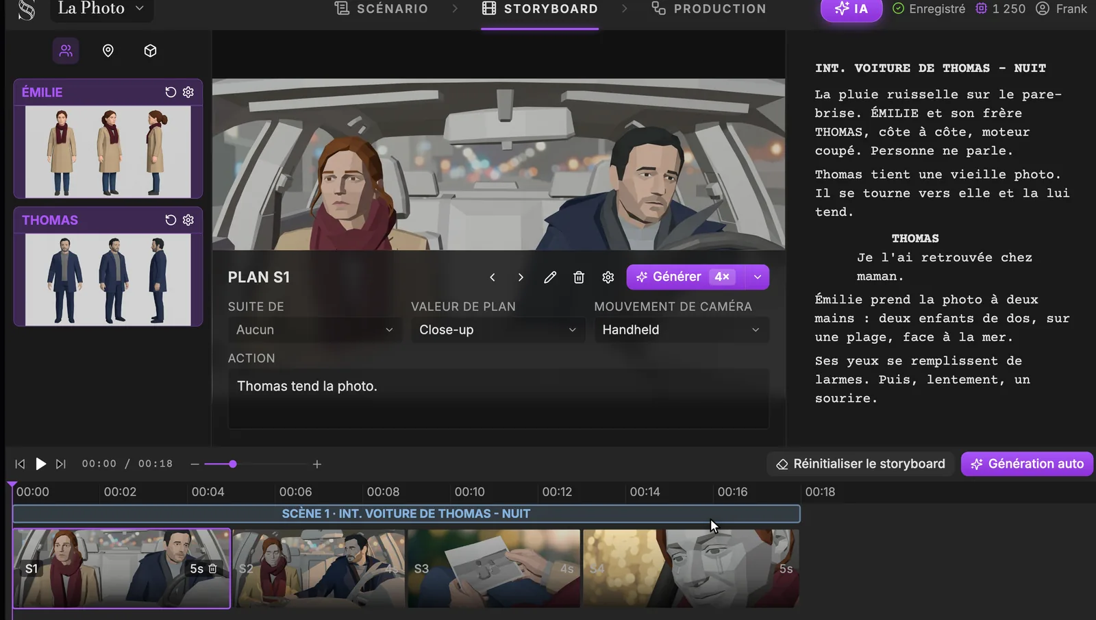 La lecture fait défiler le storyboard, le scénario suit plan par plan. L'onglet Storyboard lu comme une animatique : le Plan S1 ouvert au centre avec ses champs, le scénario à droite, et les vignettes S1 à S4 dans le séquenceur sous la tête de lecture