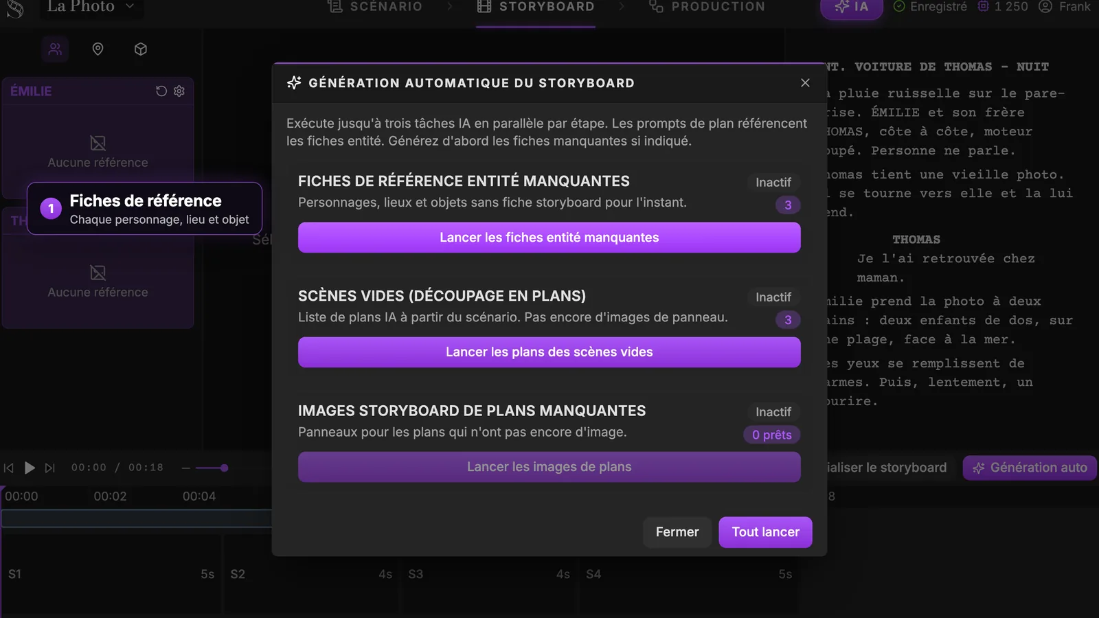 Première étape de la passe automatique : les fiches de chaque personnage, lieu et objet. Fenêtre Génération automatique du storyboard : fiches de référence manquantes, scènes vides à découper, images de plans manquantes, chacune avec son bouton, puis Fermer et Tout lancer