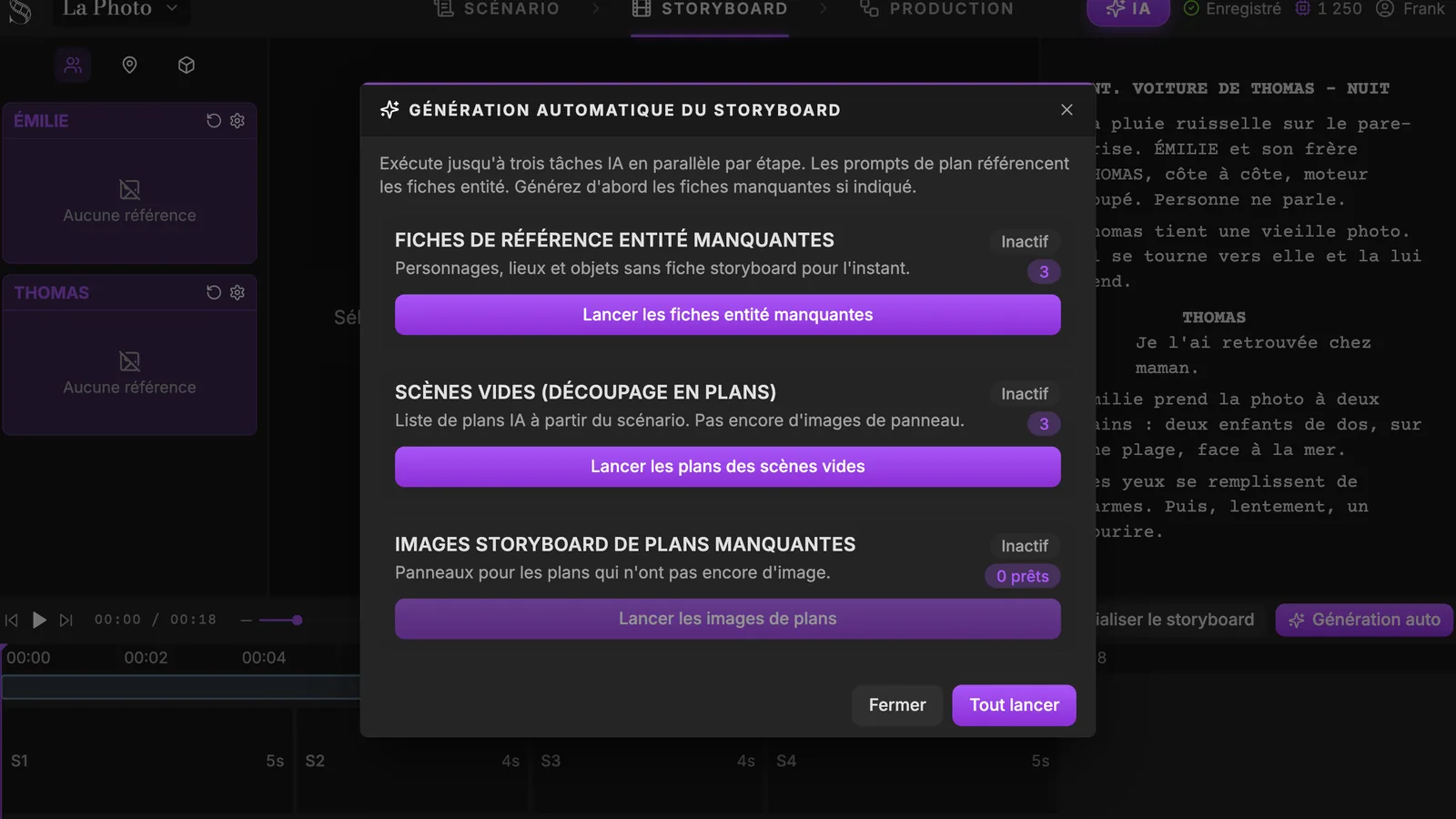 Trois étapes dans une seule fenêtre : les fiches, le découpage, puis une image par plan. La fenêtre Génération automatique du storyboard de ScreenWeaver avec trois étapes, fiches de référence entité manquantes, scènes vides (découpage en plans), images storyboard de plans manquantes, et les boutons Fermer et Tout lancer