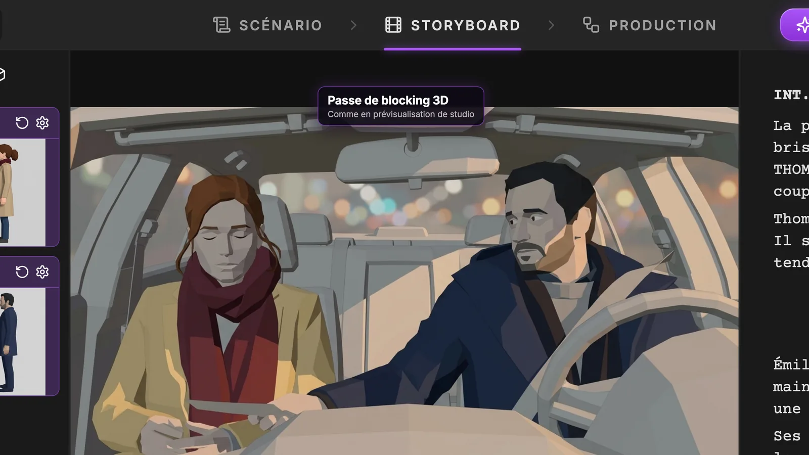 La case fixe le cadre, la mise en place et la lumière, pas le rendu final. Une case de storyboard ScreenWeaver en grand : Émilie et Thomas dans la voiture, en passe de blocking 3D aux aplats ombrés, avec leurs fiches de référence dans la colonne de gauche
