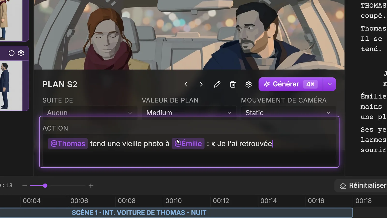 Tapez @ dans le champ Action pour appeler la fiche d'un personnage. Le Plan S2, mouvement de caméra Static, avec le champ Action en cours de saisie et deux mentions : @Thomas tend une vieille photo à @Émilie, suivi du début de la réplique entre guillemets