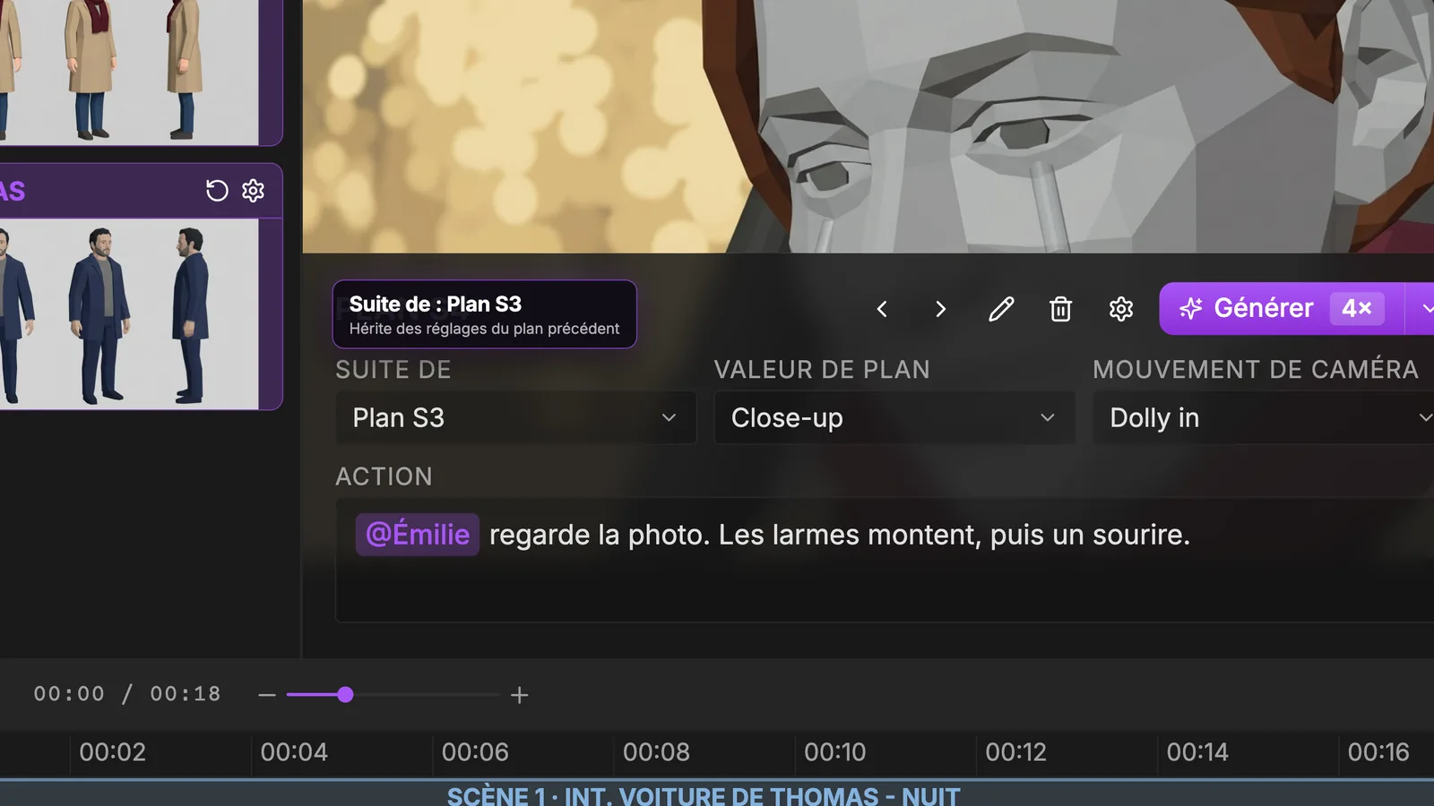Suite de relie un plan au précédent pour garder la continuité. Le Plan S4 avec Suite de réglé sur Plan S3, annoté Hérite des réglages du plan précédent, en Close-up et Dolly in, action @Émilie regarde la photo, les larmes montent, puis un sourire