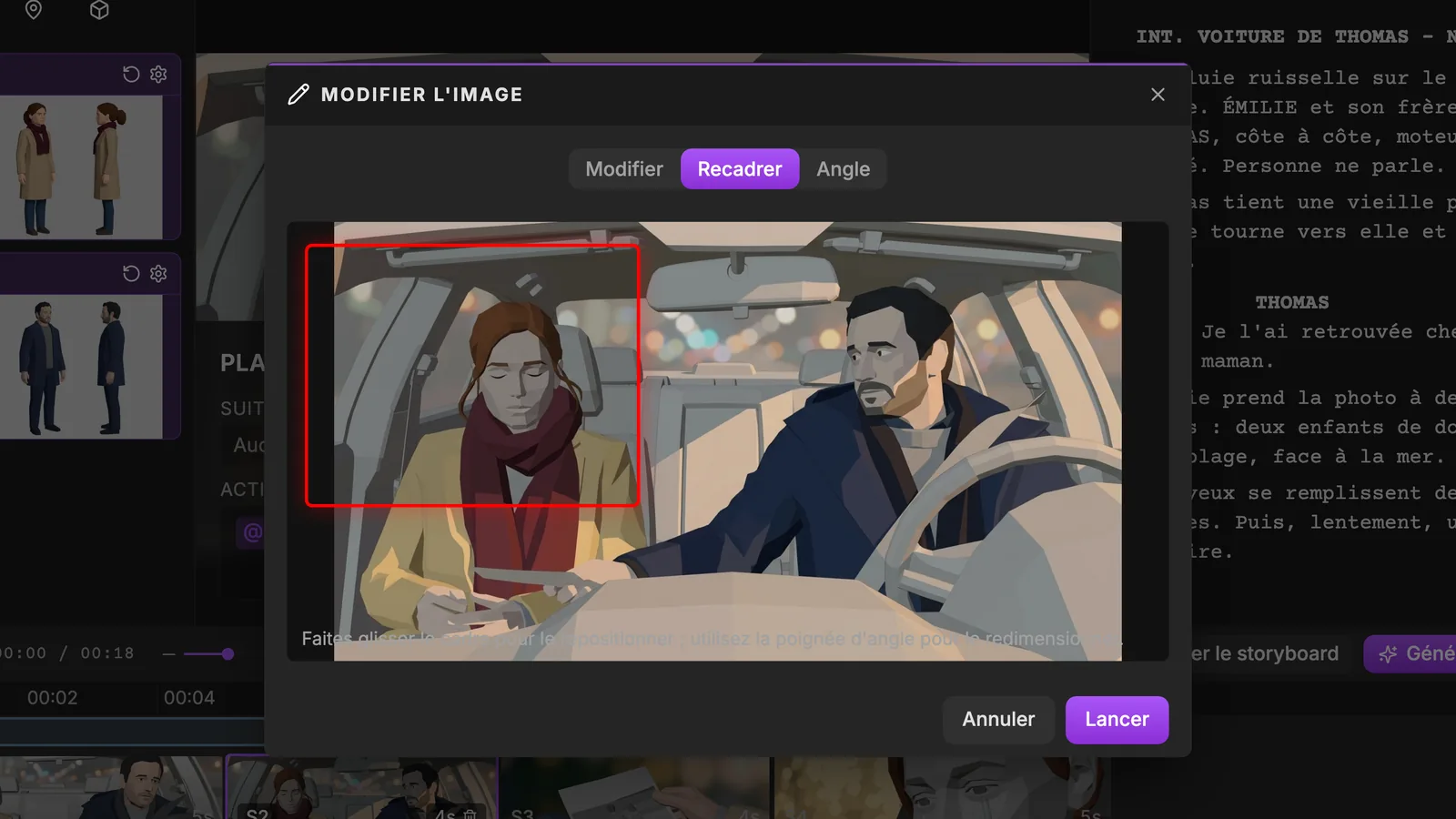 Onglet Recadrer : faites glisser le cadre pour le déplacer, tirez la poignée d'angle pour le redimensionner. Fenêtre Modifier l'image de ScreenWeaver, onglet Recadrer : un cadre rouge sur Émilie, à gauche de la planche, une aide pour déplacer ou redimensionner le cadre, Annuler et Lancer