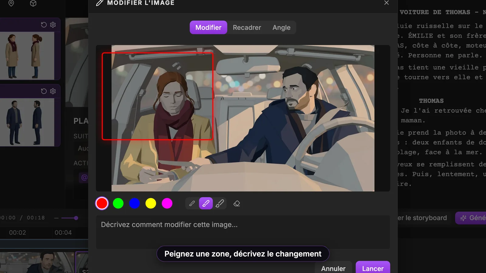 Onglet Modifier : peignez la zone à changer, puis décrivez le changement dans le champ du dessous. Fenêtre Modifier l'image de ScreenWeaver, onglet Modifier : un cadre rouge peint autour d'Émilie, cinq couleurs et trois tailles de pinceau, le champ de description, Annuler et Lancer