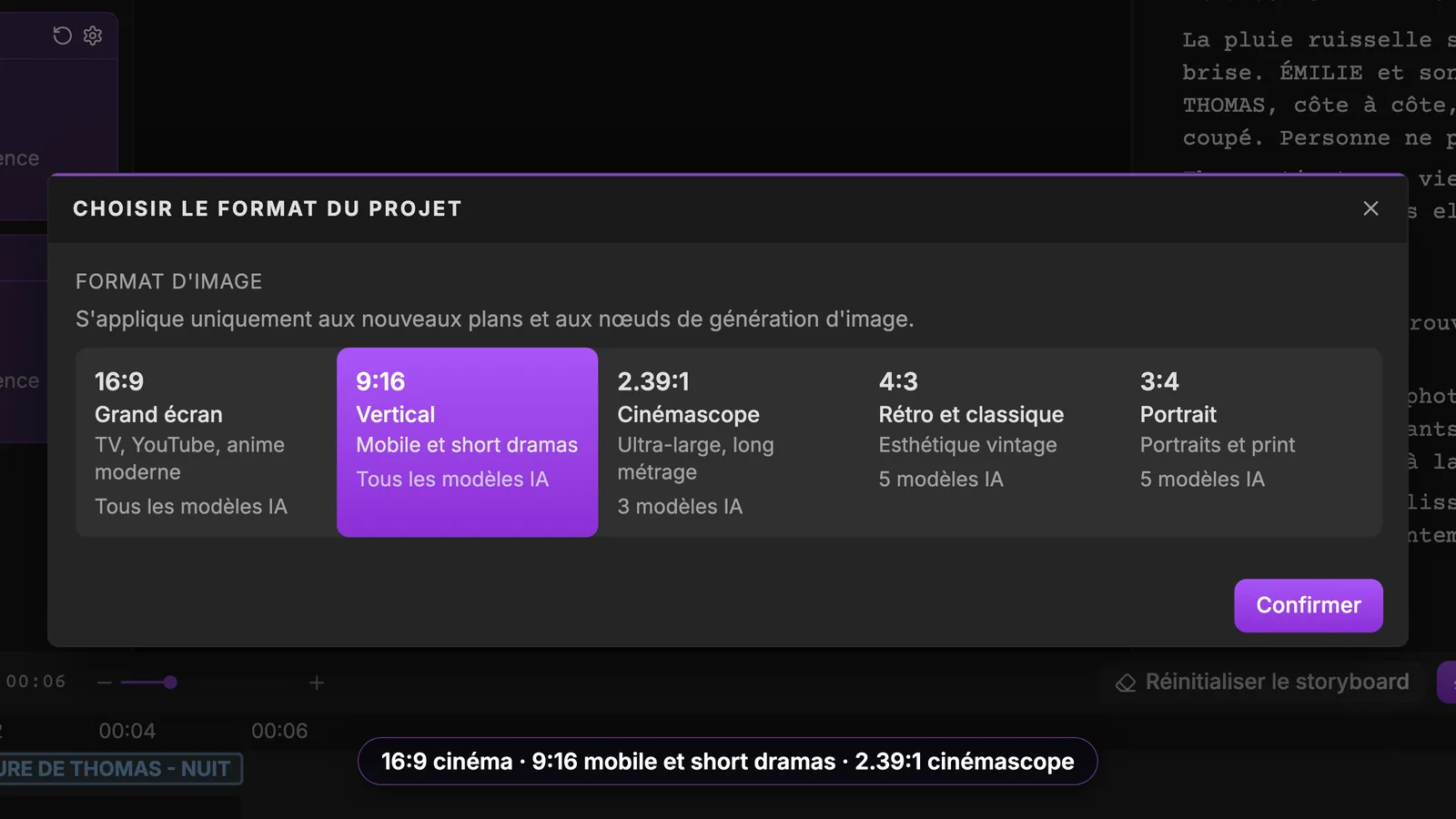 Le format se choisit en premier, avant la première vignette. La fenêtre Choisir le format du projet, avec cinq cartes : 16:9 Grand écran, 9:16 Vertical sélectionné, 2.39:1 Cinémascope, 4:3 Rétro et classique, 3:4 Portrait, et le bouton Confirmer