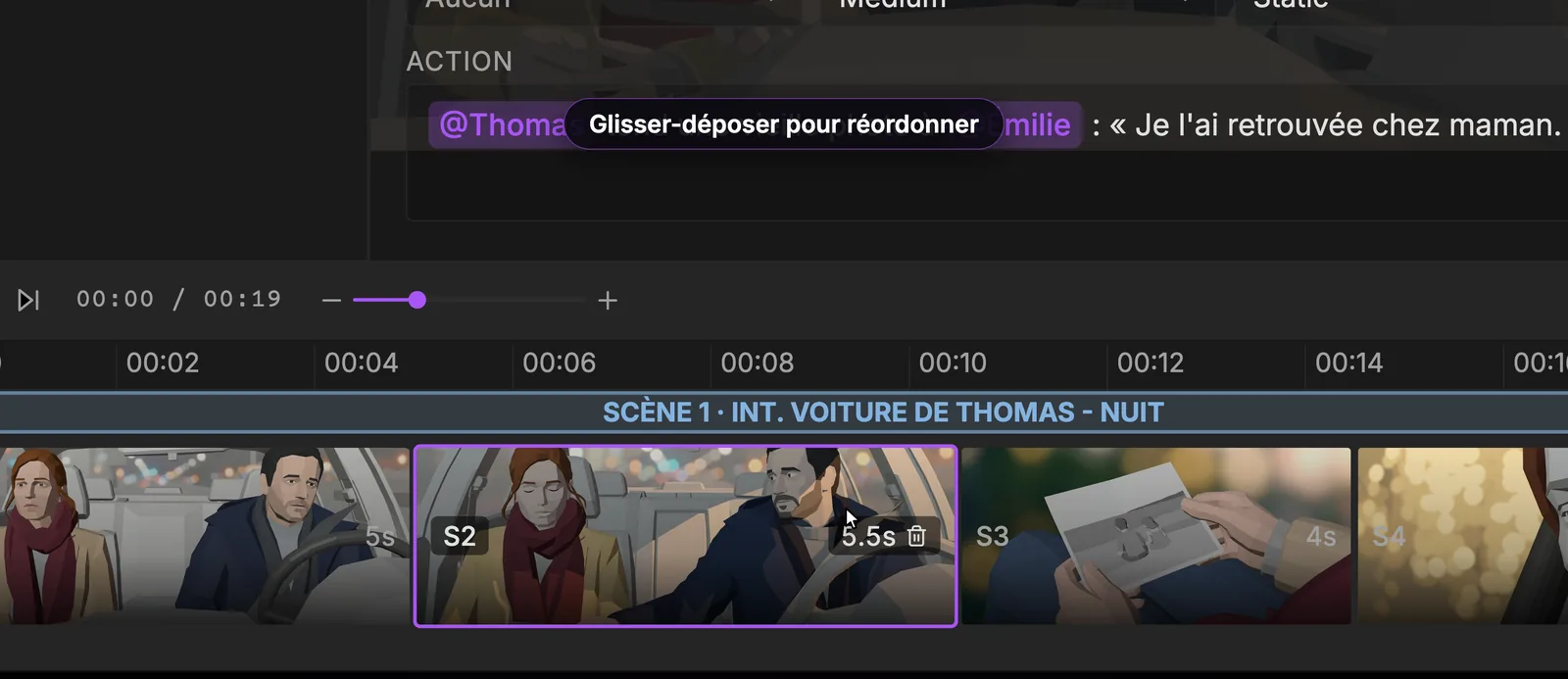 Faites glisser un bloc ailleurs pour changer l'ordre des plans. Le séquenceur avec le bloc S2 en cours de déplacement, annoté Glisser-déposer pour réordonner, entre S1 et l'insert S3 sur la photo