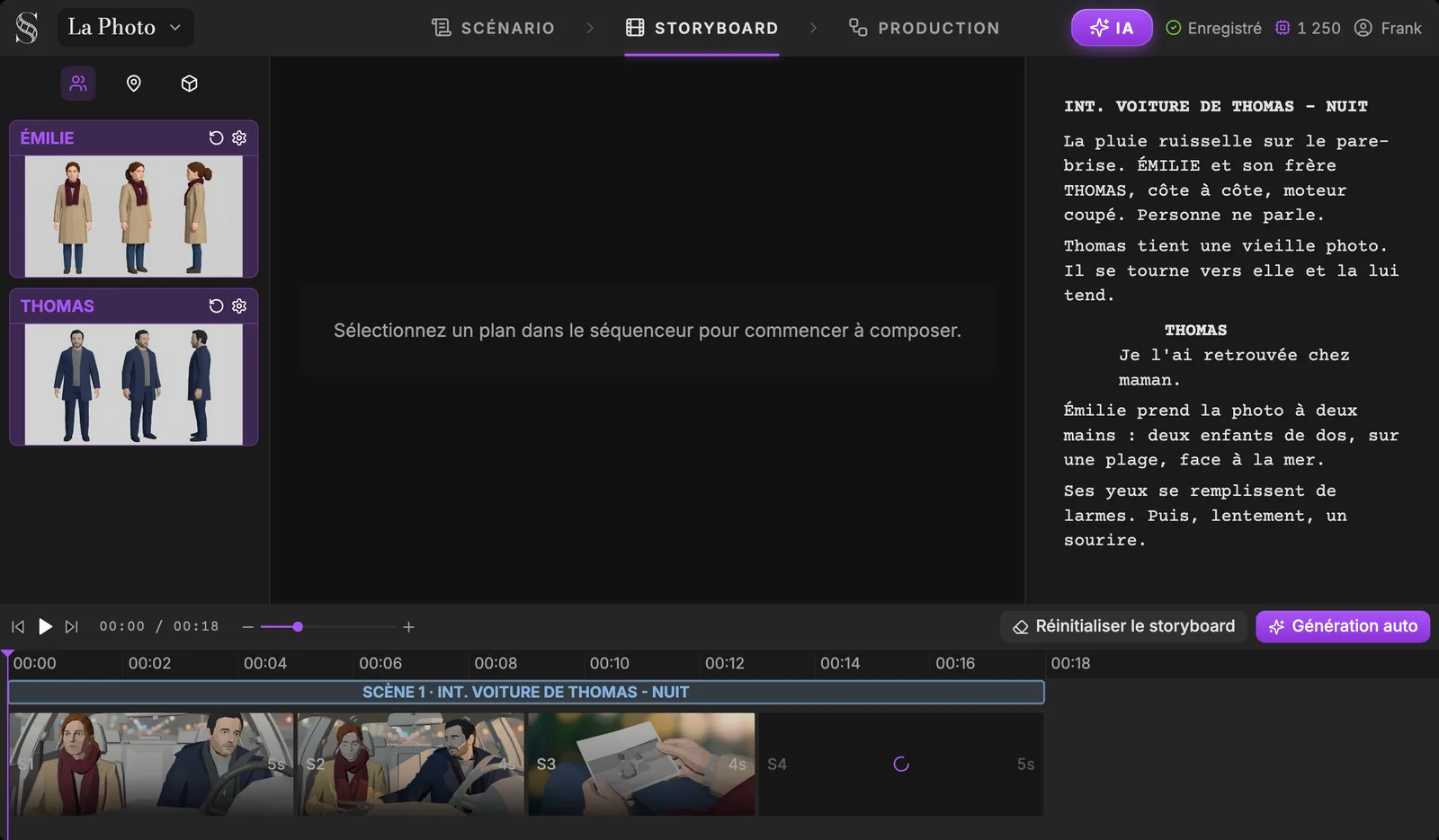 Chaque fiche est générée une fois, puis utilisée par toutes les cases du storyboard. Onglet Storyboard avec les fiches d'Émilie et de Thomas dans la colonne de gauche, le scénario synchronisé à droite et le séquenceur qui se remplit des cases S1 à S3