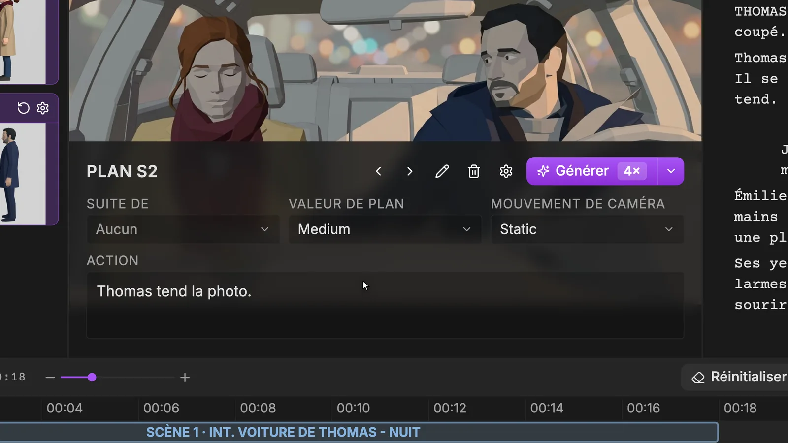 Le plan S2 du projet de démonstration : la planche en haut, sa valeur de plan, son mouvement de caméra et son action en dessous. Onglet Storyboard de ScreenWeaver, plan S2 : la planche en préviz d'Émilie et Thomas dans la voiture, Suite de sur Aucun, Valeur de plan Medium, Mouvement de caméra Static, bouton Générer 4×