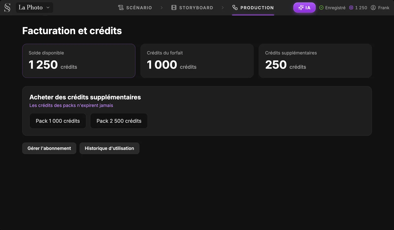 Les crédits du forfait et les crédits supplémentaires forment votre solde disponible. La page Facturation et crédits de ScreenWeaver : solde disponible, crédits du forfait, crédits supplémentaires, packs qui n'expirent jamais, boutons Gérer l'abonnement et Historique d'utilisation