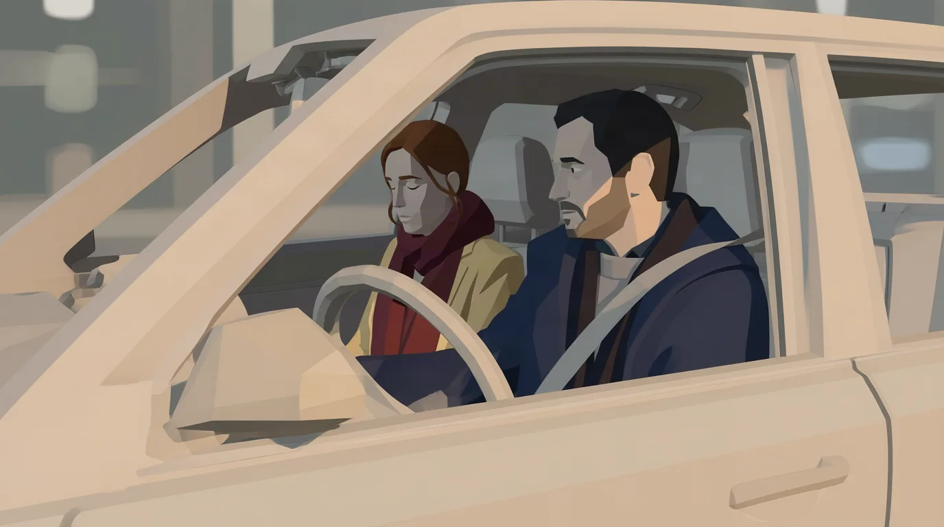 45 degrés, hauteur d'yeux, cadre moyen : le même instant, vu cette fois par la vitre du conducteur. Le plan S2 après Angle à 45 degrés, cadre moyen : la voiture vue de l'extérieur par la vitre du conducteur, Thomas au volant au premier plan, Émilie à côté, les yeux fermés