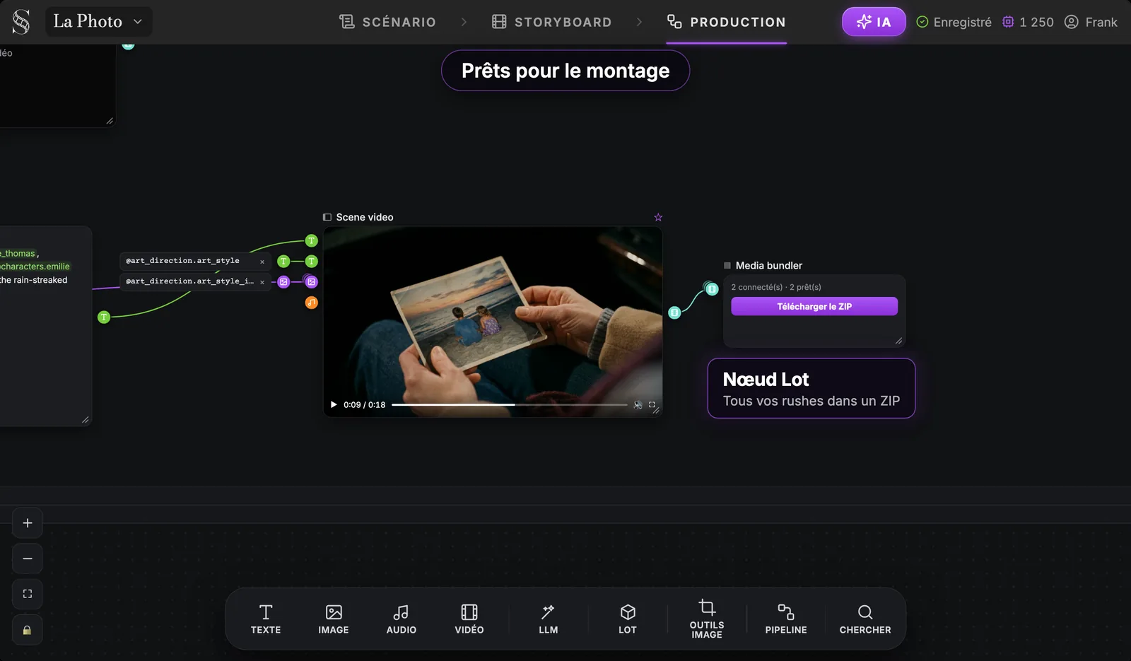 Un seul ZIP avec toutes les prises branchées, prêt pour votre logiciel de montage. Un nœud Scene video branché sur un nœud Media bundler dans l'onglet Production de ScreenWeaver, avec 2 connectés, 2 prêts et le bouton Télécharger le ZIP