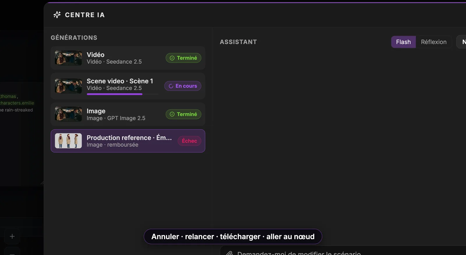 Toutes les générations au même endroit : annuler, relancer, télécharger ou aller au nœud. Le Centre IA de ScreenWeaver : la liste Générations avec une vidéo terminée, une Scene video en cours, une image terminée et une fiche de production en échec, remboursée